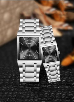 HALEI 2-Piece Luxury Couple Watches Silver Tone Stainless Steel Quartz Calendar Wristwatch Rhinestone His and Her Watch Set