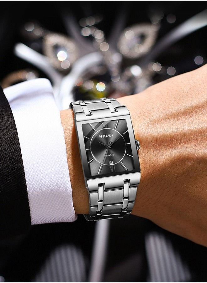 HALEI - HALEI 2-Piece Luxury Couple Watches Silver Tone Stainless Steel Quartz Calendar Wristwatch Rhinestone His and Her Watch Set - Image 1