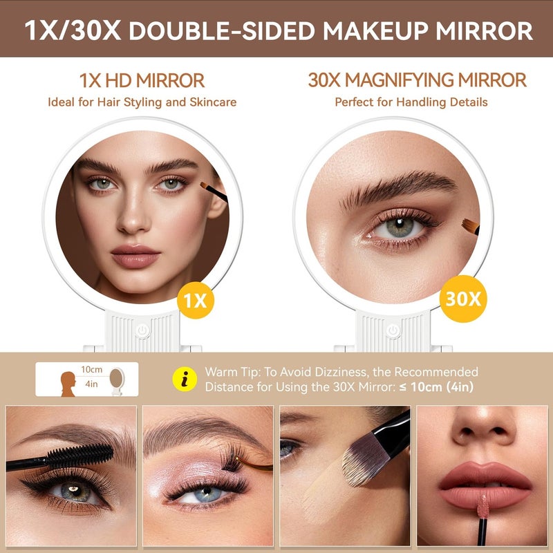 Auxmir 1X/30X Magnifying Mirror with Light, Double Sided Makeup Mirror with Adjustable 3 Color Light, 2000mAh Rechargeable Lighted Magnifying Mirrors with Tweezer, Foldable Travel Mirror with Rotation - Image 3