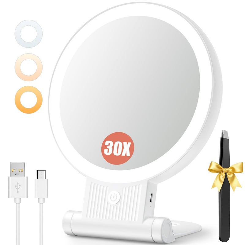 Auxmir 1X/30X Magnifying Mirror with Light, Double Sided Makeup Mirror with Adjustable 3 Color Light, 2000mAh Rechargeable Lighted Magnifying Mirrors with Tweezer, Foldable Travel Mirror with Rotation - Image 1