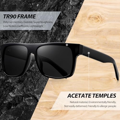 Joopin Black Square Acetate Sunglasses Men Polarized UV Protection, Designer Top Flat Large Sun Glasses, TR90 Dark Shades Man - Image 3