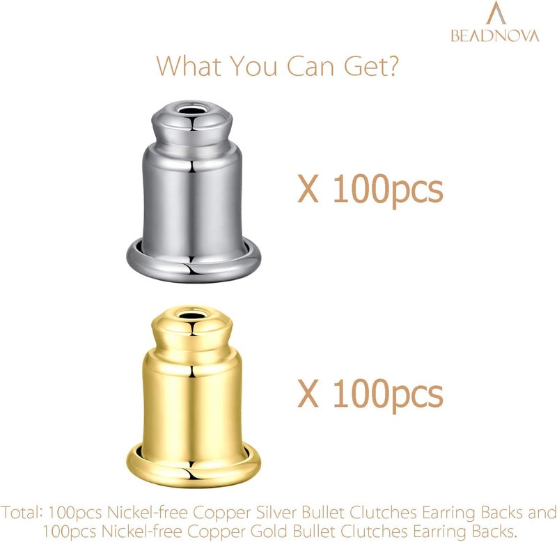 BEADNOVA أقفال أمان BEADNOVA للأقراط - بدائل آمنة للأقراط - أقفال مضادة للحساسية للأقراط المثقوبة - سدادات للأقراط - أقفال للأقراط 200 قطعة فضية وذهبية - Image 2