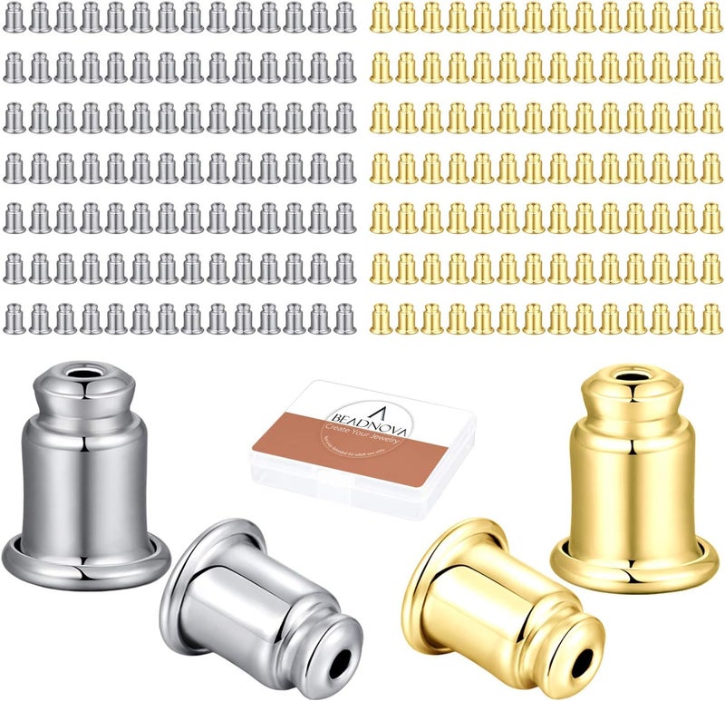 BEADNOVA أقفال أمان BEADNOVA للأقراط - بدائل آمنة للأقراط - أقفال مضادة للحساسية للأقراط المثقوبة - سدادات للأقراط - أقفال للأقراط 200 قطعة فضية وذهبية - Image 1