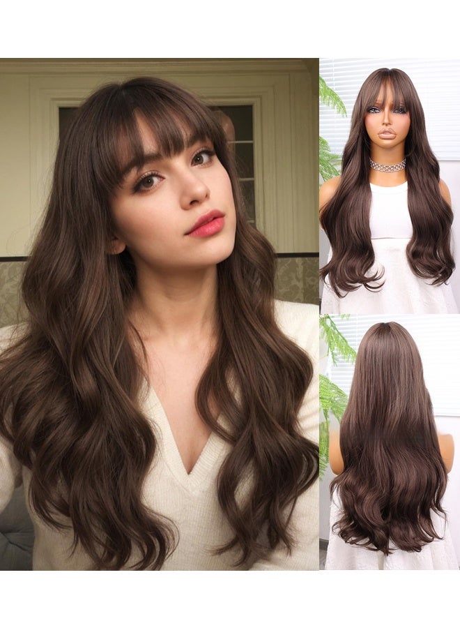باروكة شعر مستعار نسائية طويلة ومموجة بلون بني داكن مع غرة، مصنوعة من ألياف صناعية مقاومة للحرارة. مناسبة للاستخدام اليومي والحفلات، بطول 66 سم. - Image 1