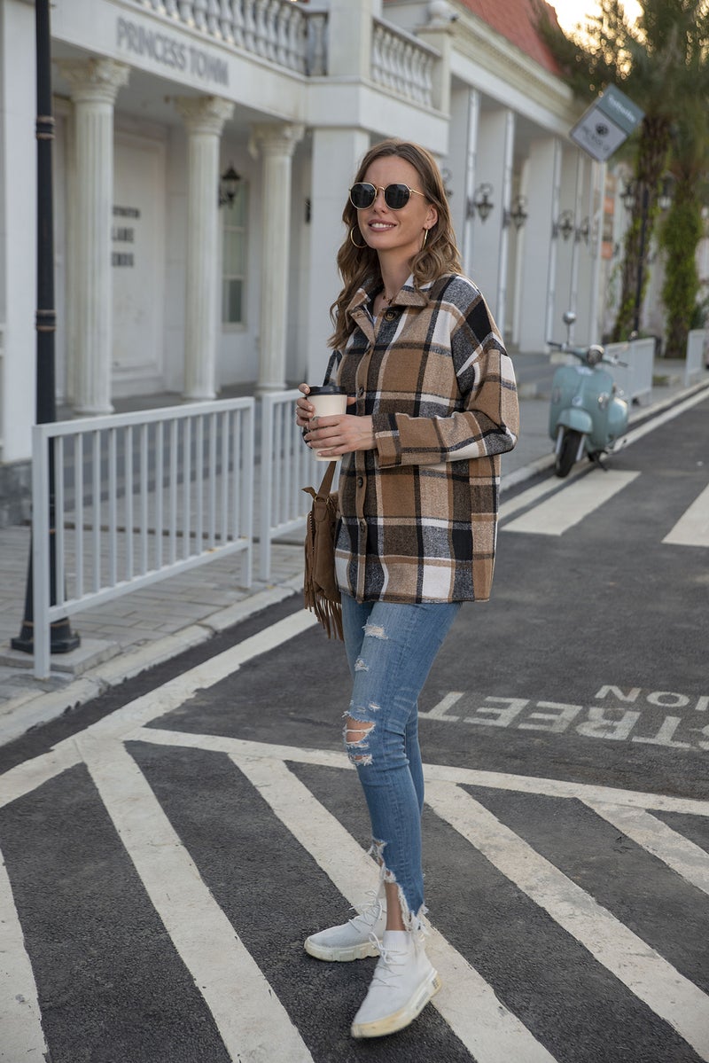 Cross-border European and American foreign trade women's clothing INS net red autumn and winter long-sleeved plaid shirt mid-length woolen coat yellow M - Image 3