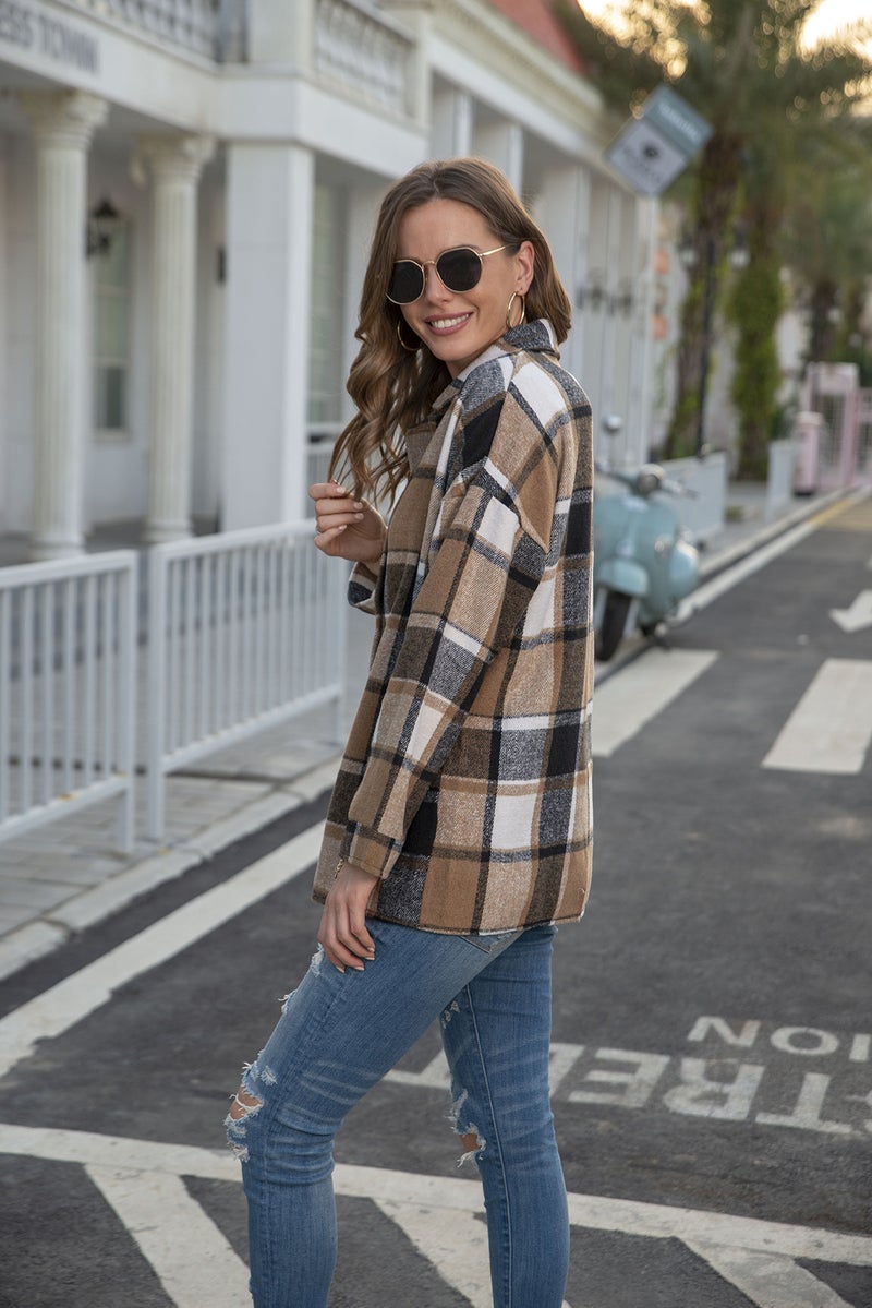 Cross-border European and American foreign trade women's clothing INS net red autumn and winter long-sleeved plaid shirt mid-length woolen coat yellow M - Image 2