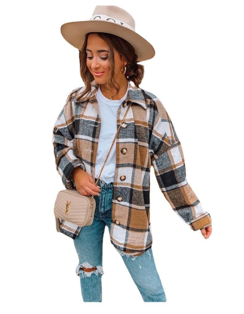 Cross-border European and American foreign trade women's clothing INS net red autumn and winter long-sleeved plaid shirt mid-length woolen coat yellow M - Image 1