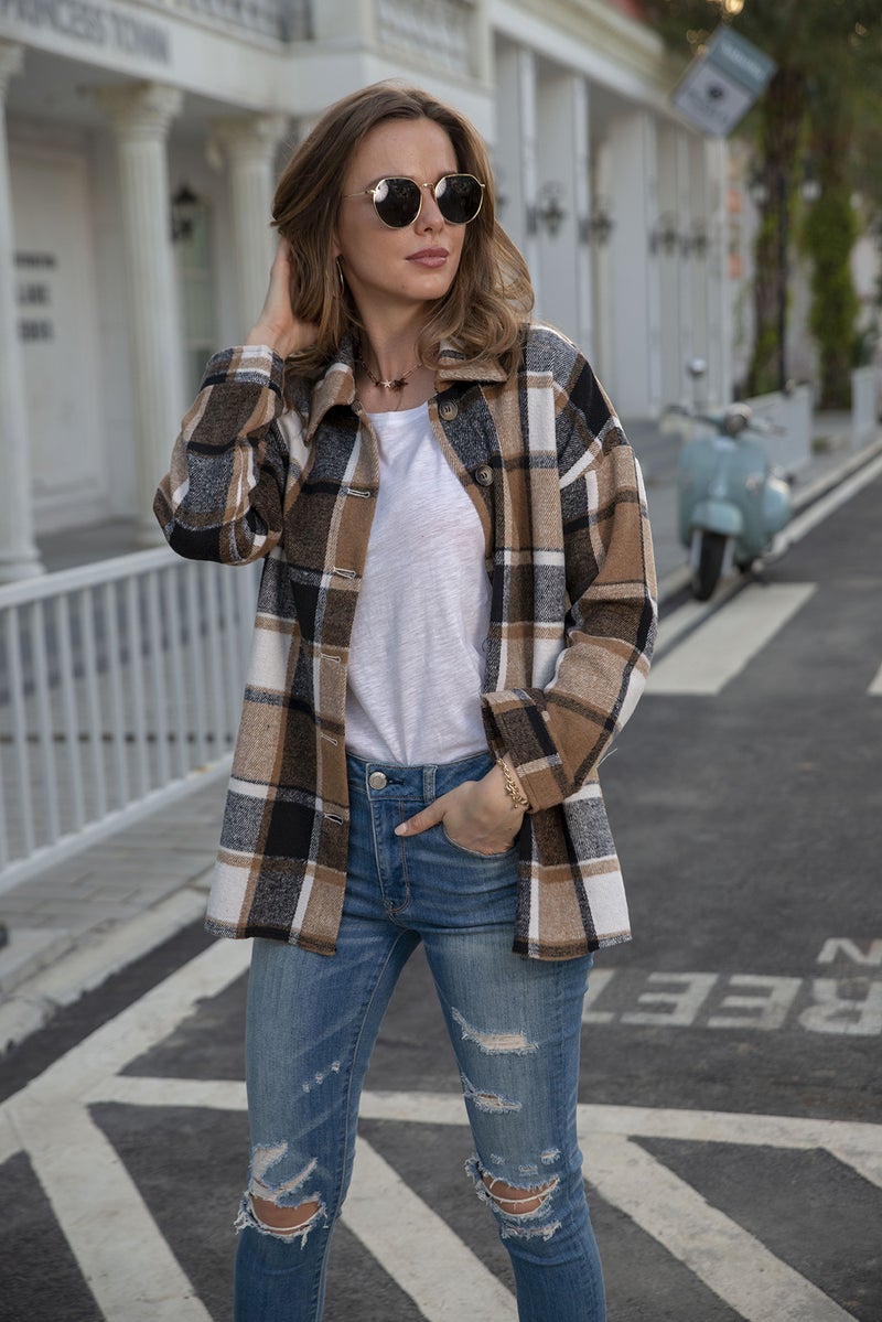 Cross-border European and American foreign trade women's clothing INS net red autumn and winter long-sleeved plaid shirt mid-length woolen coat yellow M - Image 4