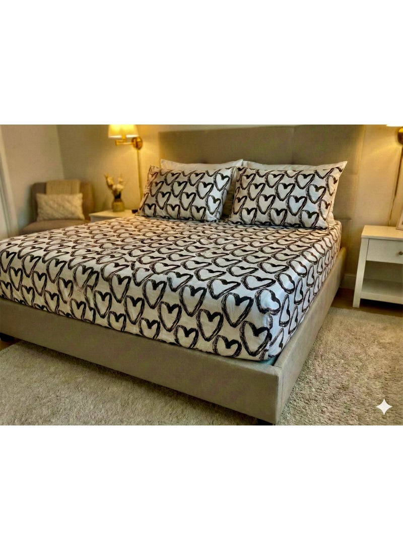 Yarlin-Bed Set (Fitted Bedsheet for 160 cm beds and 2 Small Pillowcases (Big Black Heart) Design