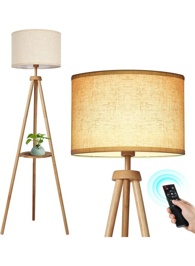 Tiokkss Solid Wooden Tripod Floor Lamp, Bulb Included, Standing Lamp with Remote Control, Dimmable & 4 Color Temperatures, 1H Timer, Floor Lamp with Storage Shelf Linen Shade for Living Room Bedroom - Image 1