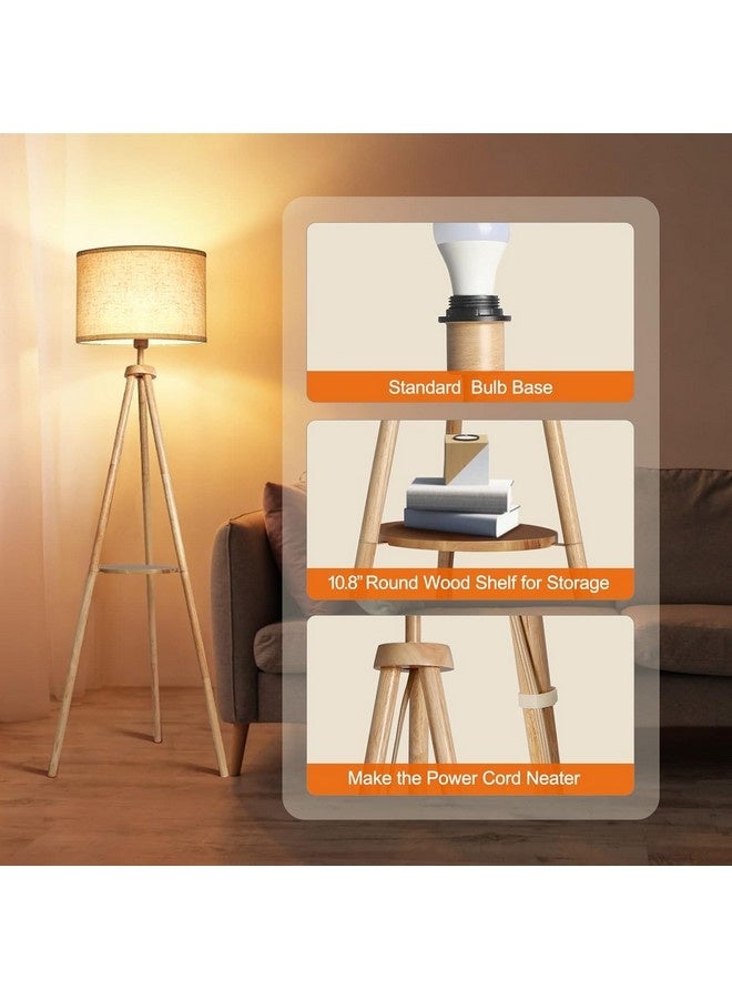 Tiokkss Solid Wooden Tripod Floor Lamp, Bulb Included, Standing Lamp with Remote Control, Dimmable & 4 Color Temperatures, 1H Timer, Floor Lamp with Storage Shelf Linen Shade for Living Room Bedroom - Image 3