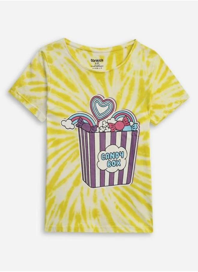 Bonkids Girl's t-shirts in regular fit yellow colour cotton fabric embellished pattern pull over closure woven weave type round collar type round neckline half sleeve length t-shirt upper body wear type suitable for casual occasions – redefine everyday elegance your way!