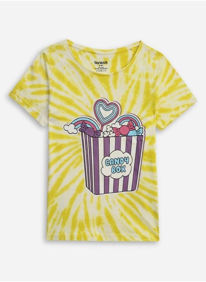 Bonkids Girl's t-shirts in regular fit yellow colour cotton fabric embellished pattern pull over closure woven weave type round collar type round neckline half sleeve length t-shirt upper body wear type suitable for casual occasions – redefine everyday elegance your way!  - Image 1