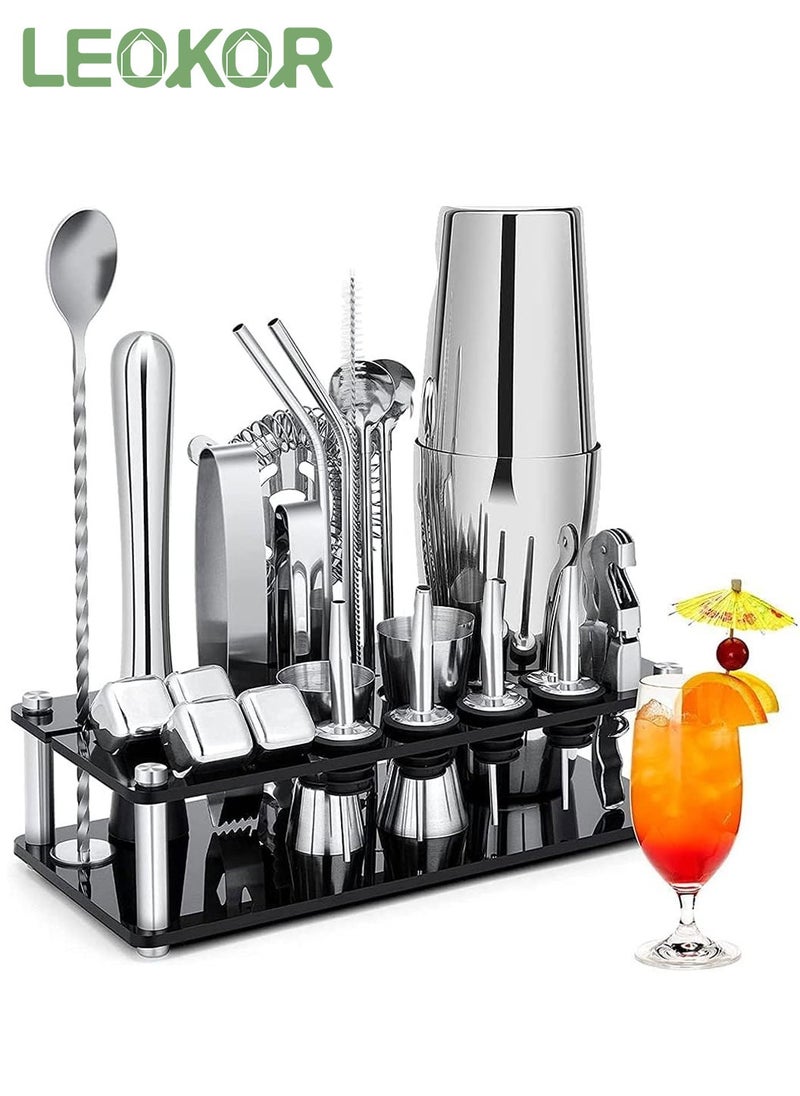 LEOKOR Cocktail Drink Shaker Set,23-Piece Milk Tea Boston Stainless Steel Shaker Bartender Kit with Acrylic Stand,Professional Drink Making Tool  - Image 1