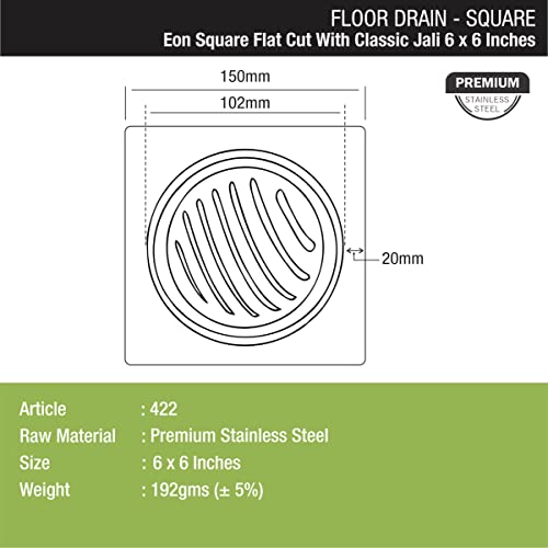 LIPKA Eon Square Flat Cut with Classic Jali Floor Drain |Premium Stainless Steel |6 x 6 Inches| - Image 2