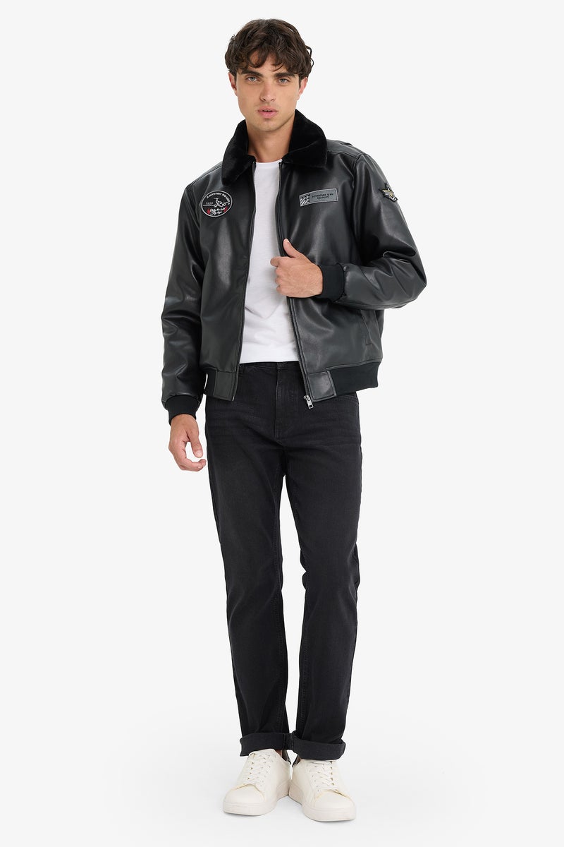 DeFacto Black Man Regular Fit Plush Collar Faux Leather Bomber Jacket Casual - Image 2