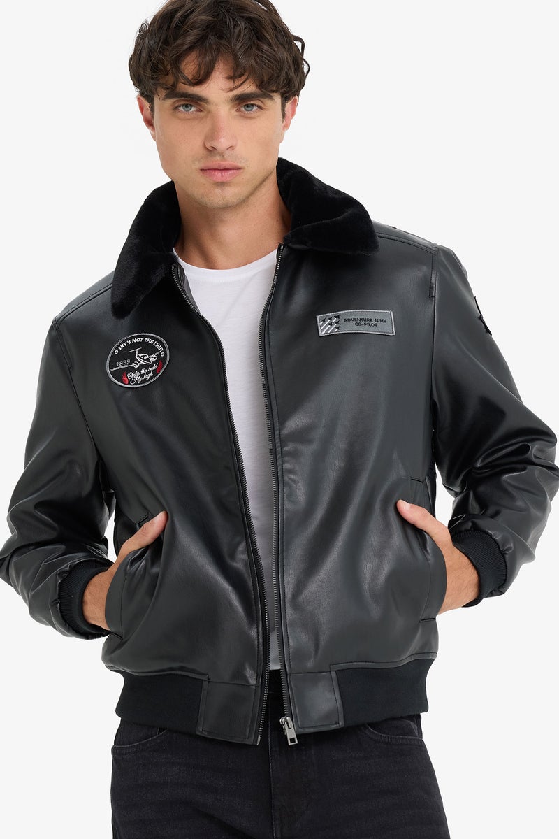 DeFacto Black Man Regular Fit Plush Collar Faux Leather Bomber Jacket Casual - Image 1