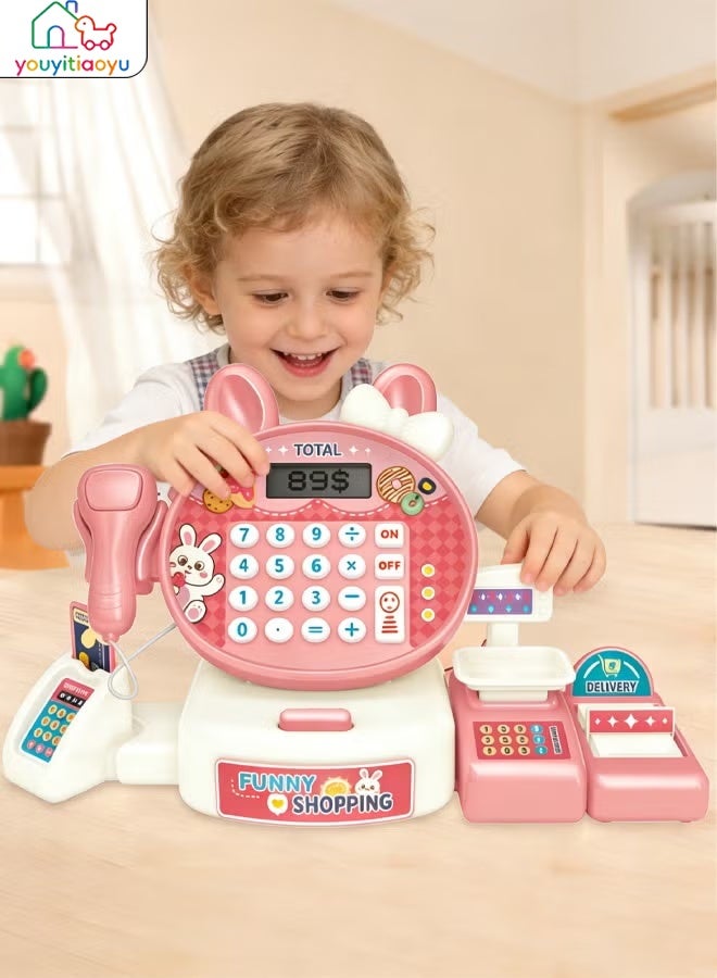 youyitiaoyu Smart Cash Register Toy for Kids - Pink Pretend Play Supermarket Set with Calculator, Realistic Sounds, Lights & Music | Interactive Role-Play Toy with Shopping Cart & Accessories | Educational Gift for Boys & Girls Ages 3+ - Image 1