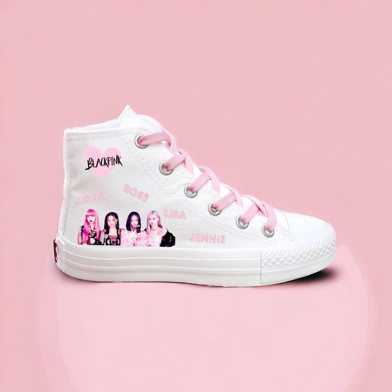 Amazoon Desing Amazon Design Blackpink Printed White Linen Kids Sports Shoes Sneaker  - Image 2