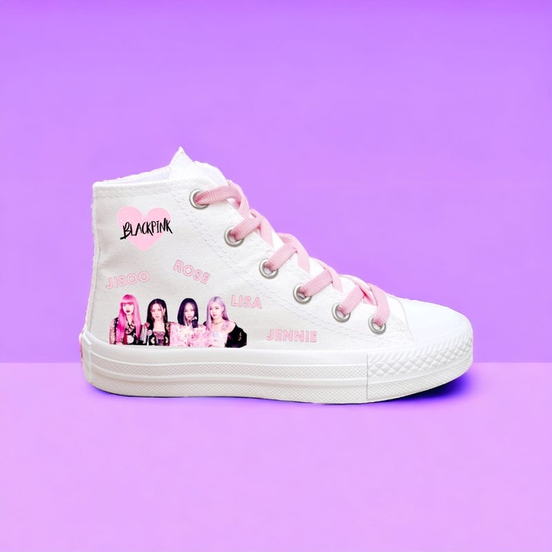Amazoon Desing Amazon Design Blackpink Printed White Linen Kids Sports Shoes Sneaker  - Image 1