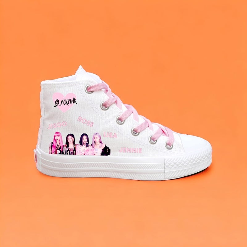 Amazoon Desing Amazon Design Blackpink Printed White Linen Kids Sports Shoes Sneaker  - Image 3