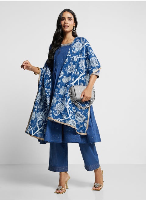 Printed Kurta, Palazo & Dupatta Set