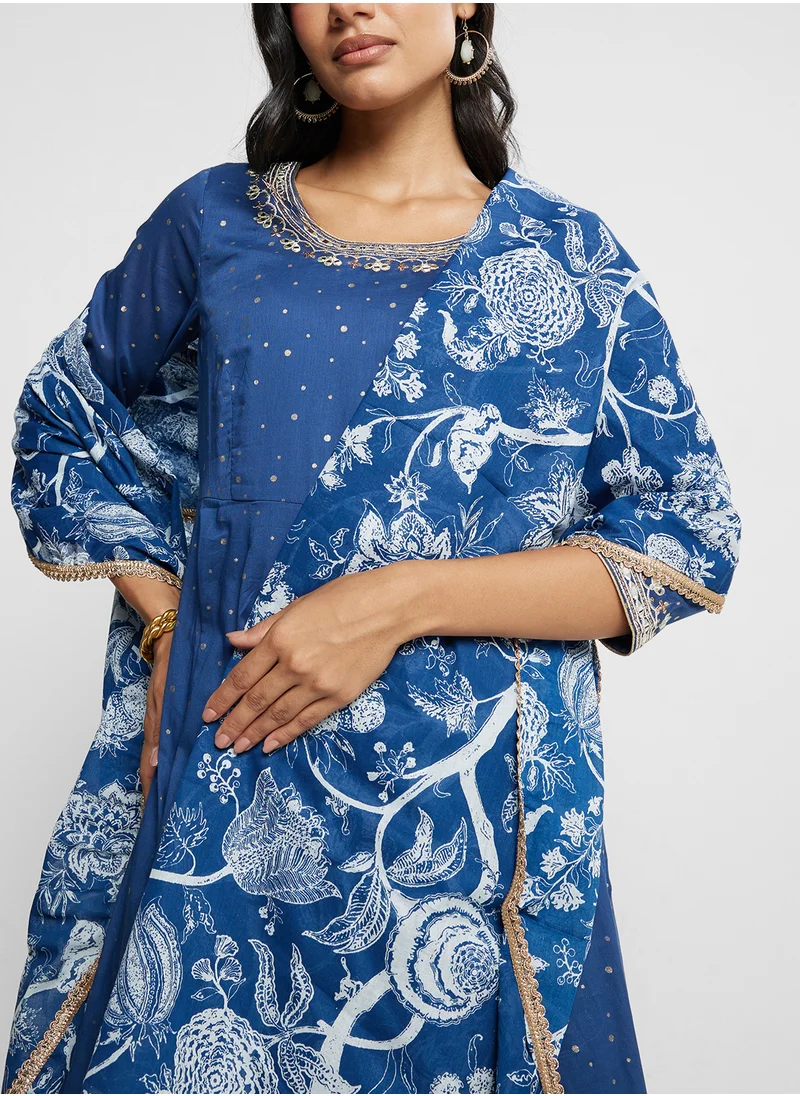 Biba Printed Kurta, Palazo & Dupatta Set