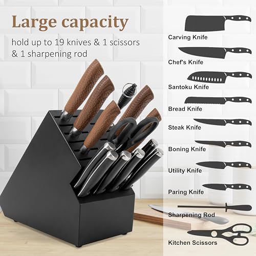 RedCall 20 Slot Knife Block Storage without Knives,Acacia Wood Universal Knife Holder for Kitchen Countertop,Large Butcher Block Organizer,Easy Kitchen Knife Storage (Black) - Image 2