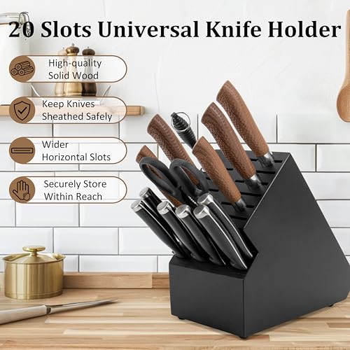 RedCall 20 Slot Knife Block Storage without Knives,Acacia Wood Universal Knife Holder for Kitchen Countertop,Large Butcher Block Organizer,Easy Kitchen Knife Storage (Black) - Image 3