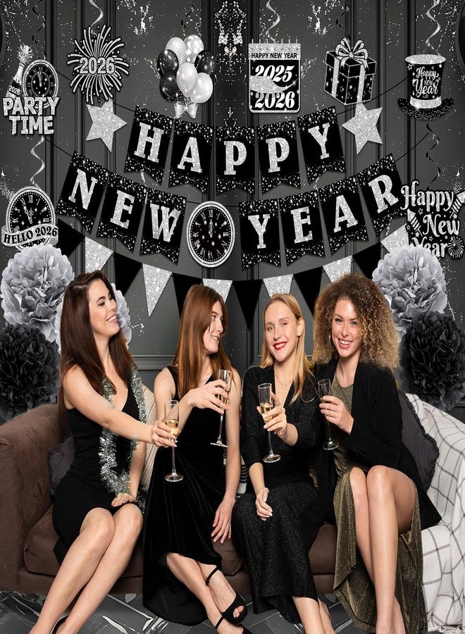 Bezkega New Years Decorations Hanging Swirls,Black and Silver 2026 New Years Eve Decorations Banner Ceiling Hanging Pom Pom Garland Triangle Flag for Happy New Year Decorations - Image 3