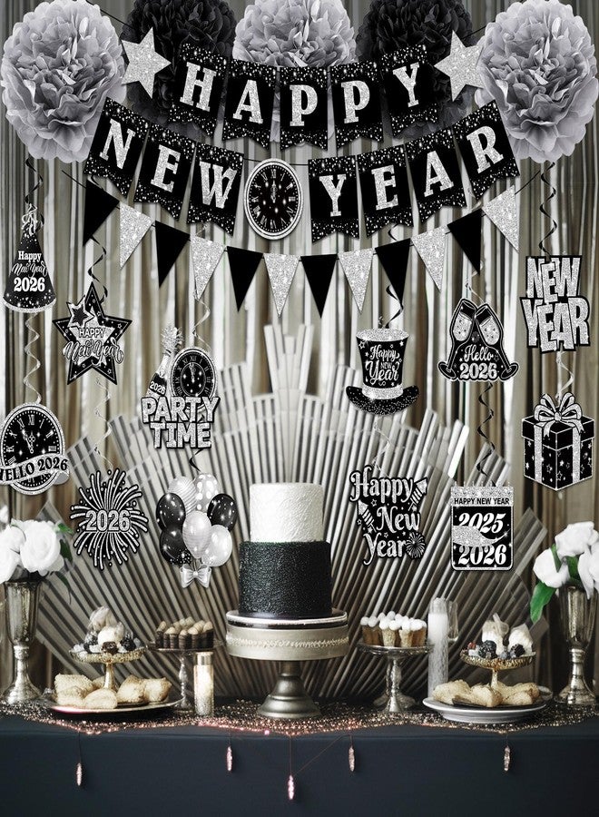 Bezkega New Years Decorations Hanging Swirls,Black and Silver 2026 New Years Eve Decorations Banner Ceiling Hanging Pom Pom Garland Triangle Flag for Happy New Year Decorations - Image 4
