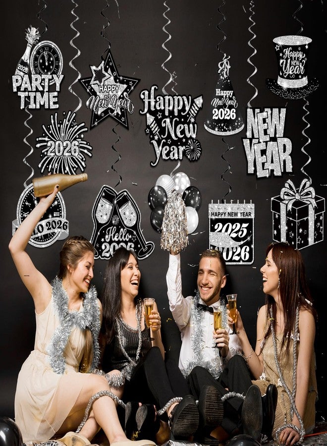 Bezkega New Years Decorations Hanging Swirls,Black and Silver 2026 New Years Eve Decorations Banner Ceiling Hanging Pom Pom Garland Triangle Flag for Happy New Year Decorations - Image 5