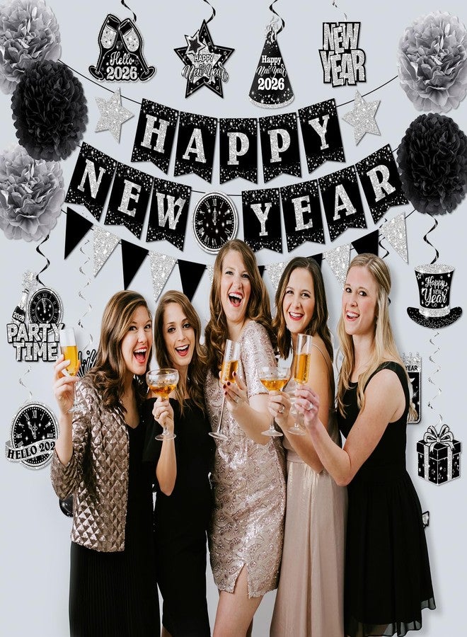 Bezkega New Years Decorations Hanging Swirls,Black and Silver 2026 New Years Eve Decorations Banner Ceiling Hanging Pom Pom Garland Triangle Flag for Happy New Year Decorations - Image 2