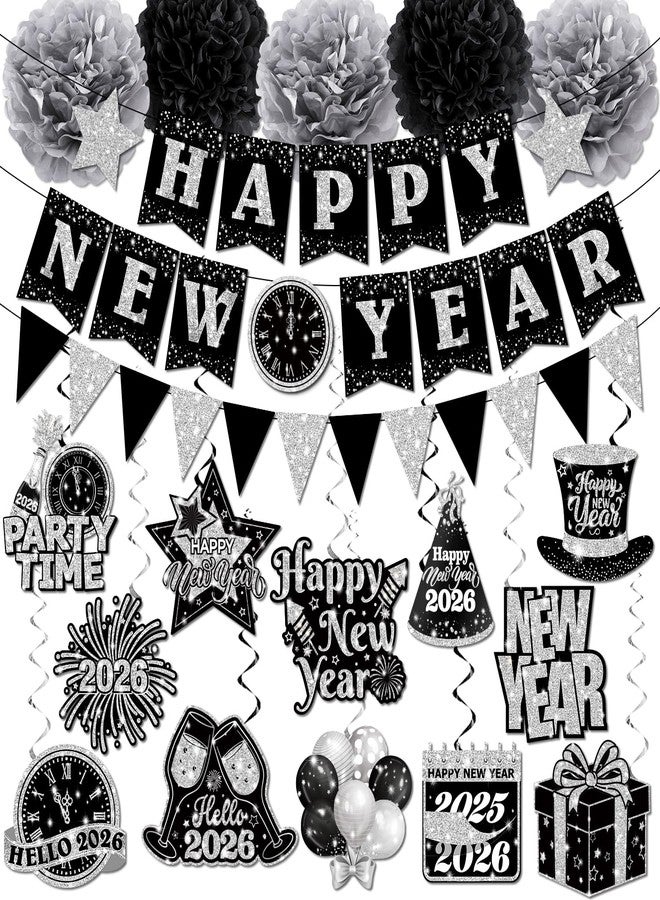 Bezkega New Years Decorations Hanging Swirls,Black and Silver 2026 New Years Eve Decorations Banner Ceiling Hanging Pom Pom Garland Triangle Flag for Happy New Year Decorations - Image 1