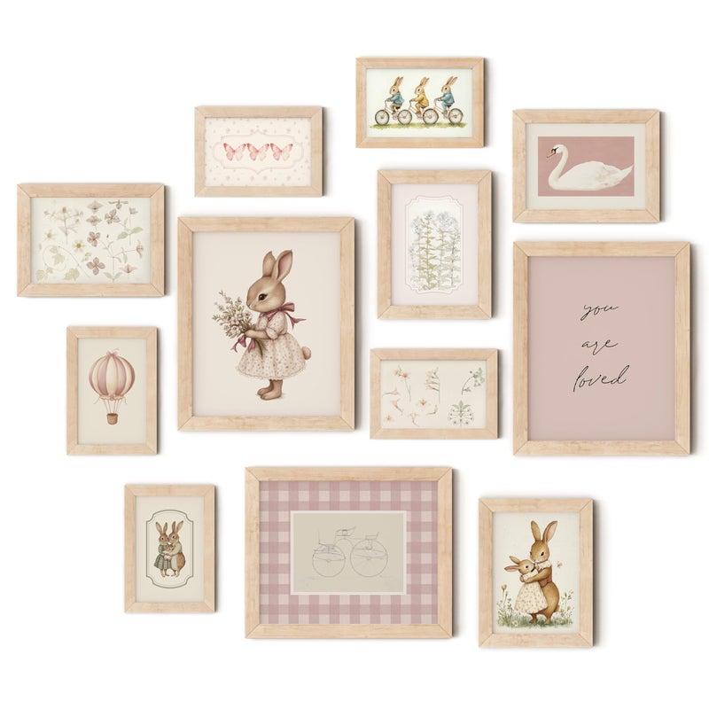 TwoDays Vintage Nursery Decor for Baby Girls Pink Rabbit Bunny Wall Art for Toddler Kids Playroom Swan Animals Posters for Bedroom Multi Sizes Set of 12 8 10 Largest Wooden Framed - Image 2