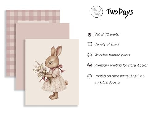 TwoDays Vintage Nursery Decor for Baby Girls Pink Rabbit Bunny Wall Art for Toddler Kids Playroom Swan Animals Posters for Bedroom Multi Sizes Set of 12 8 10 Largest Wooden Framed - Image 3