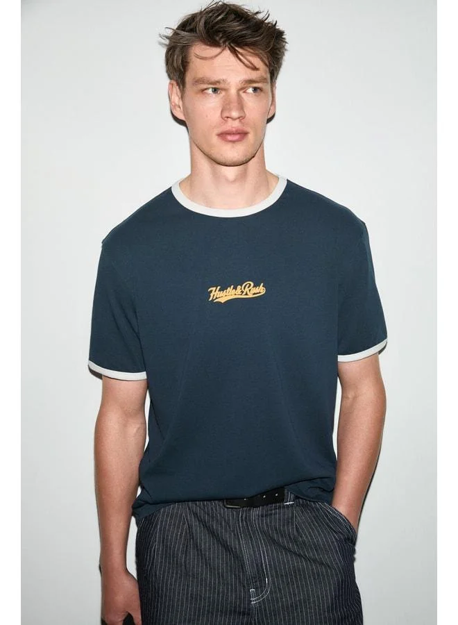 GRIMELANGE GOLONDRO Men's 100% Organic Cotton Contrast Piping Printed Detailed Regular Fit Navy T-Shirt.