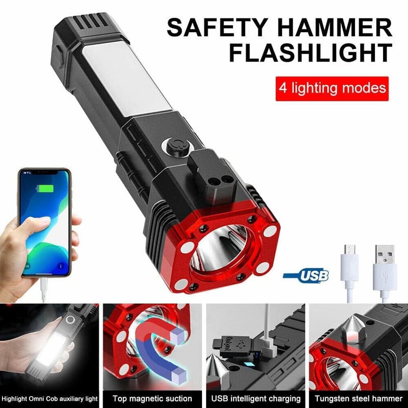 BROOKITCHEN 3W Torch Light 7 Mode Rechargeable Solar Torch Flashlight Long Beam Range Hammer Strong Magnets Window Glass Seat Belt Cutter Torch Emergency Light Good Heavy Quality