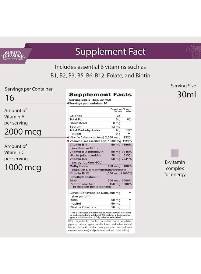 Buried Treasure B Complete - 16 Fl oz, All 8 B Vitamins with Methylated B12 & Methylfolate, Biotin, B1, B2, B6, Antioxidant Support, Liquid & Sugar-Free, B complex vitamins for Women & Men. - Image 2