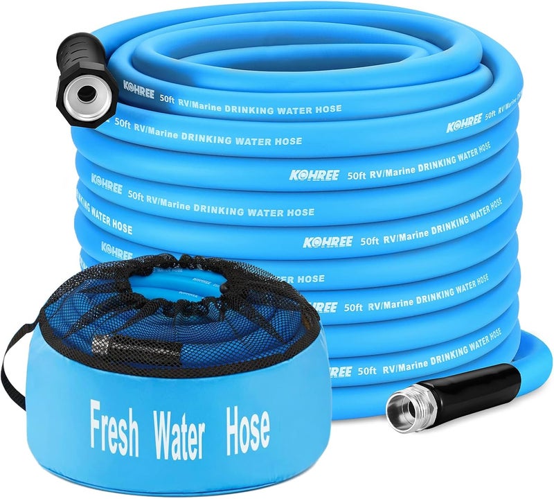 Kohree 50FT RV Water Hose with Storage Bag, 5/8'' Drinking Water Hose, No Odor, Leak Free, Heavy Duty, No Kink and Flexible Garden Hose 50 ft, Ideal RV Accessories for RV, Camper, Garden - Blue - Image 1