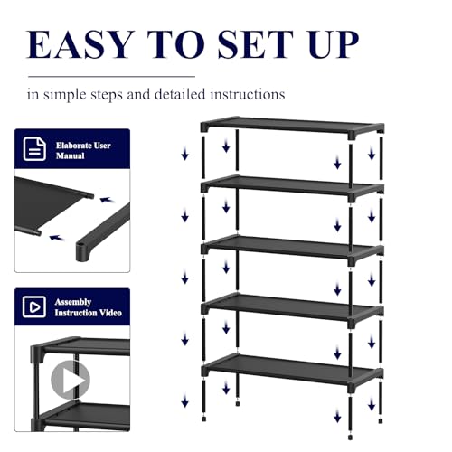 Kitsure Shoe Rack - Non-Woven Shoe Rack Shelf, Shoe Organizer for Closet, Entryway, Garage & Corridor, Stackable Shoe Shelves, 27.5" Wide - 5 Tier, Black - Image 4