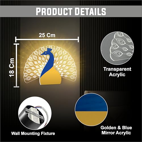 Lamp master Nova Peacock Wall Light for Home Decor | LED Acrylic Decorative Wall Lamp | 3 in 1 Light for Bedroom, Living Room, Kids Room, Bathroom, Perfect for Gifts | 25 Cm | Pack of 1 - Image 5