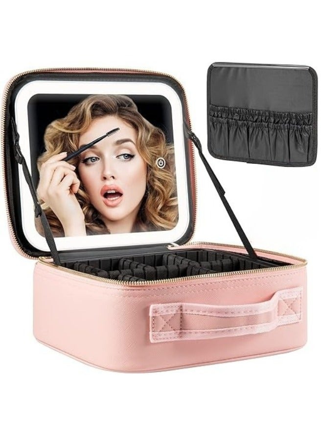 Happy Home Travel Makeup Bag, Makeup Organizer Bag with Large Lighted Mirror and 3 Adjustable Brightness Color Scenarios, Waterproof Travel Bag - Pink - Image 1