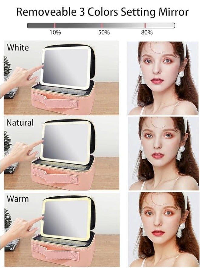 Happy Home Travel Makeup Bag, Makeup Organizer Bag with Large Lighted Mirror and 3 Adjustable Brightness Color Scenarios, Waterproof Travel Bag - Pink - Image 2