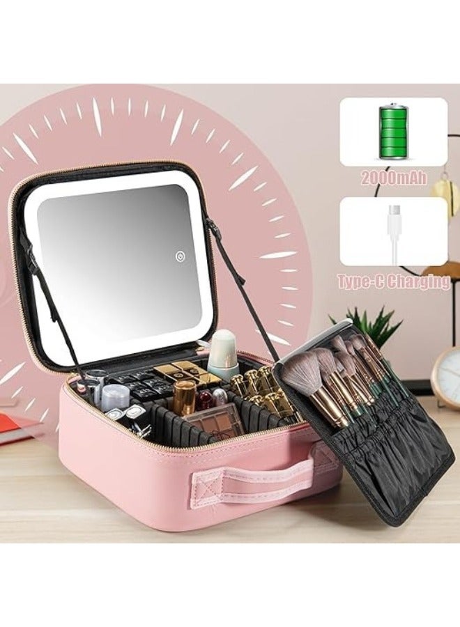 Happy Home Travel Makeup Bag, Makeup Organizer Bag with Large Lighted Mirror and 3 Adjustable Brightness Color Scenarios, Waterproof Travel Bag - Pink - Image 3