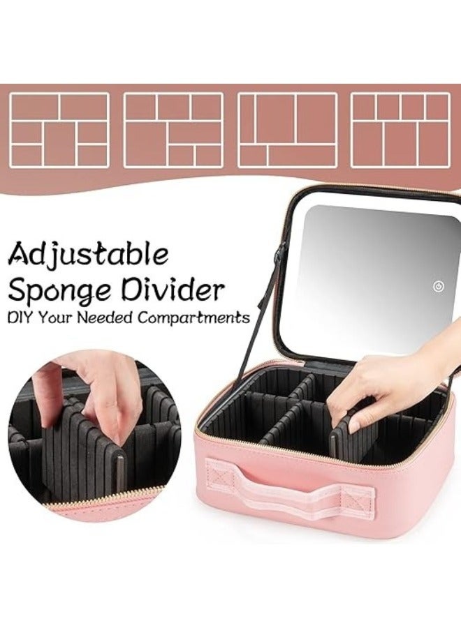 Happy Home Travel Makeup Bag, Makeup Organizer Bag with Large Lighted Mirror and 3 Adjustable Brightness Color Scenarios, Waterproof Travel Bag - Pink - Image 4