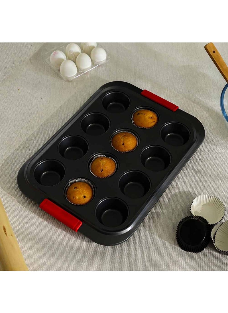 DANUBE HOME Bake Me Happy 12Cup Muffin Pan With Silicone Handle Carbon Steel 0.8Mm 41X29.5X3.5Cm  - Image 3