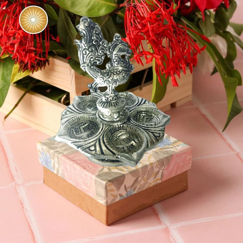 Stotram Stotram Metal Lotus Shaped Peacock Diya 5 Oil Wick Diya Deepam Kuthu Vilakku Deepak Oil Lamp for Home and Office DecorPooja Articles Silver Colour 