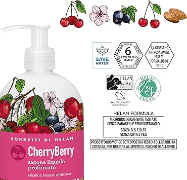 HELAN هيلان آي سوربيتي شيري بيري سائل غسيل يدين مرطب مع الكشمش الأسود والكرز الأسود للاستخدام المتكرر صابون يدين لطيف مع سكريات مرطبة للبشرة الحساسة مصنوع في إيطاليا 500 مل - Image 4