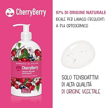 HELAN هيلان آي سوربيتي شيري بيري سائل غسيل يدين مرطب مع الكشمش الأسود والكرز الأسود للاستخدام المتكرر صابون يدين لطيف مع سكريات مرطبة للبشرة الحساسة مصنوع في إيطاليا 500 مل - Image 2